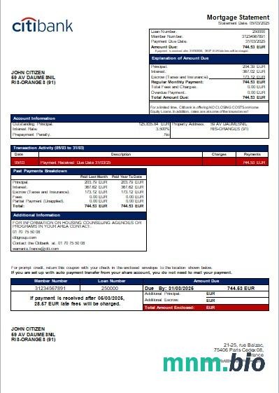Francja Bank Citibank wyciąg z kredytu hipotecznego szablon Word i PDF